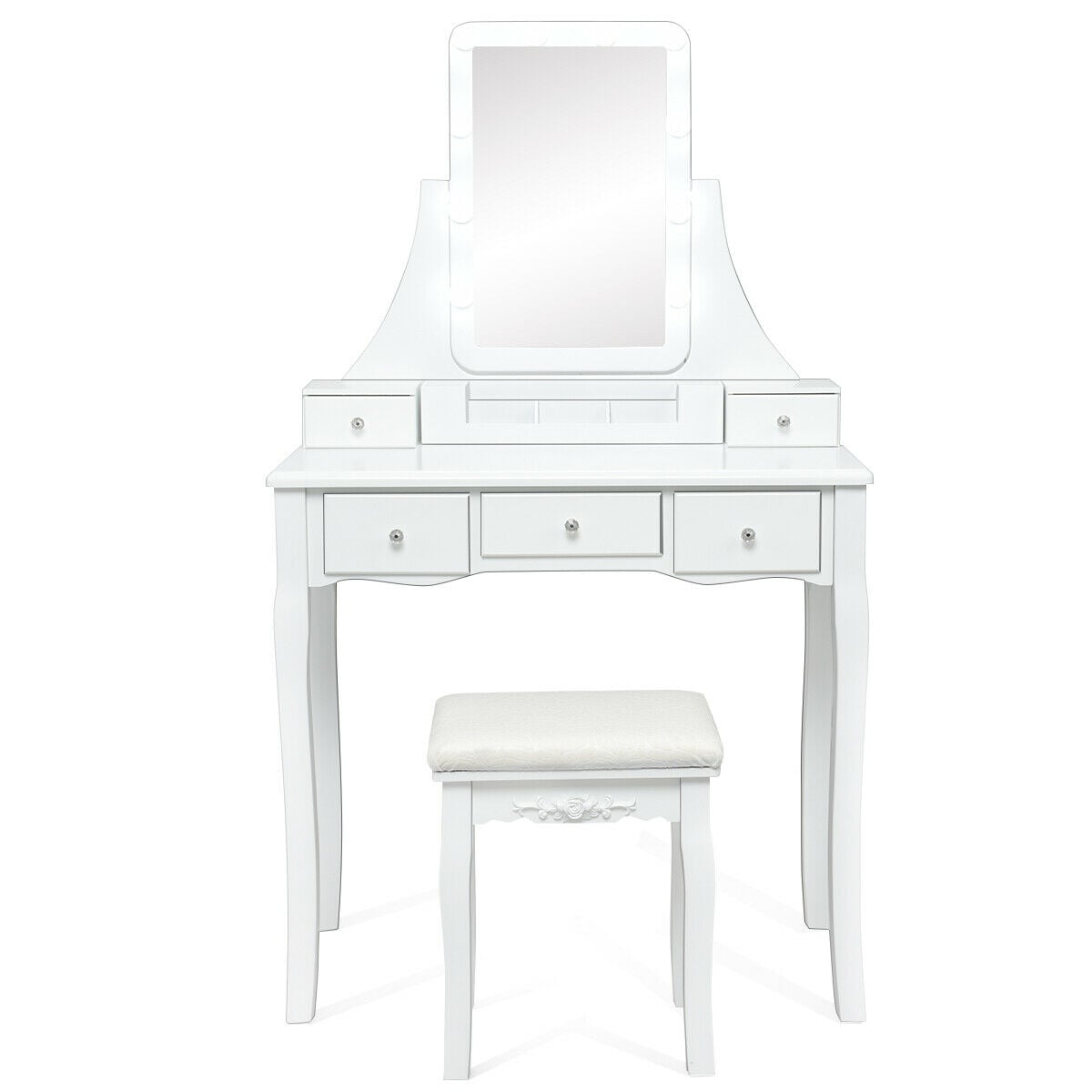 10 Dimmable Light Bulbs Vanity Dressing Table with 2 Dividers and Cushioned Stool-White-Makeup Vanities-DECOROLALA