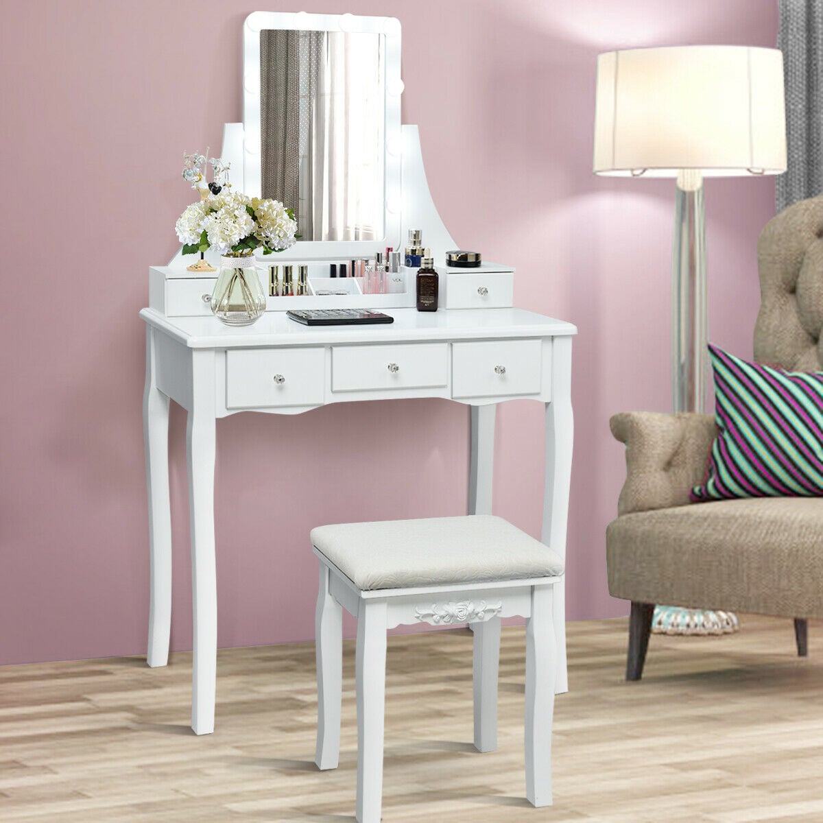 10 Dimmable Light Bulbs Vanity Dressing Table with 2 Dividers and Cushioned Stool-White-Makeup Vanities-DECOROLALA