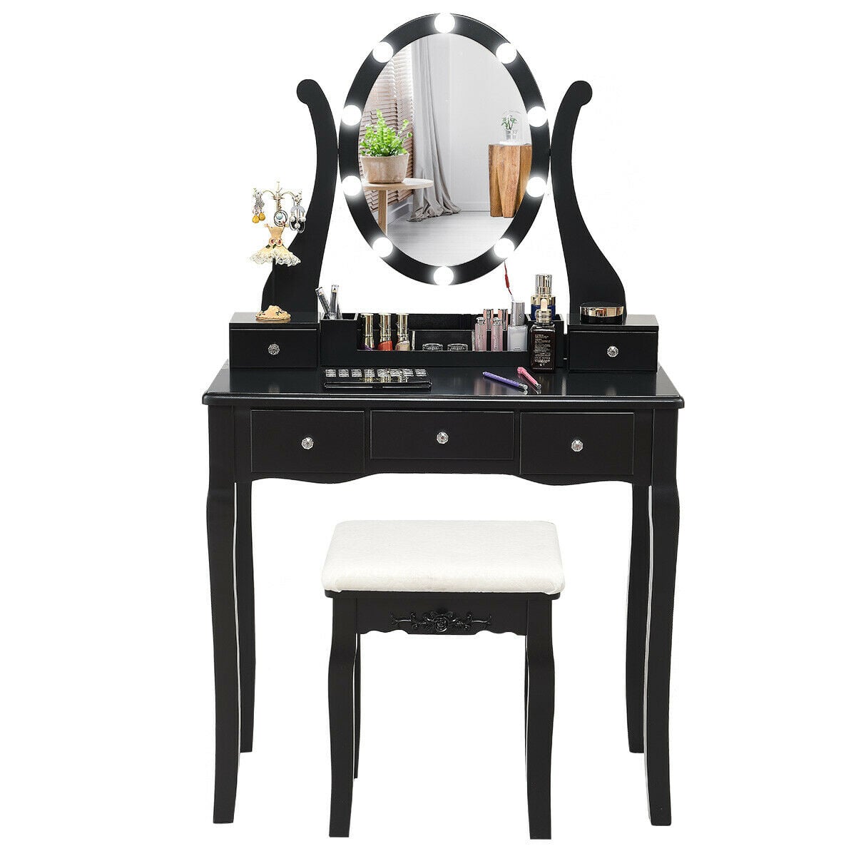 10 Dimmable Lights Vanity Table Set with Lighted Mirror and Cushioned Stool-Black-Makeup Vanities-DECOROLALA