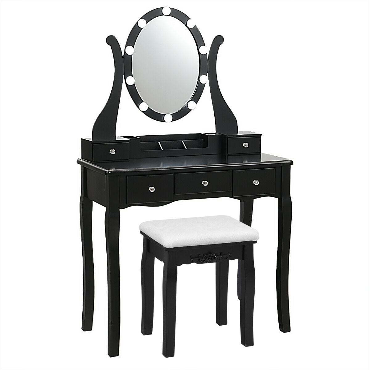 10 Dimmable Lights Vanity Table Set with Lighted Mirror and Cushioned Stool-Black-Makeup Vanities-DECOROLALA