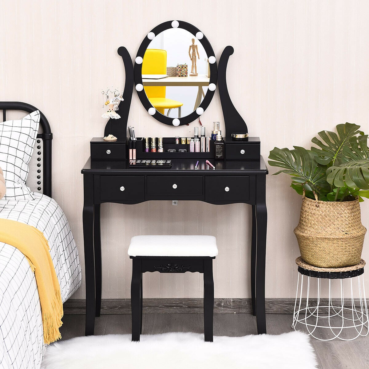 10 Dimmable Lights Vanity Table Set with Lighted Mirror and Cushioned Stool-Black-Makeup Vanities-DECOROLALA