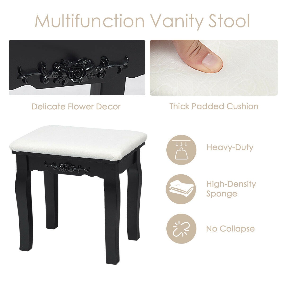 10 Dimmable Lights Vanity Table Set with Lighted Mirror and Cushioned Stool-Black-Makeup Vanities-DECOROLALA