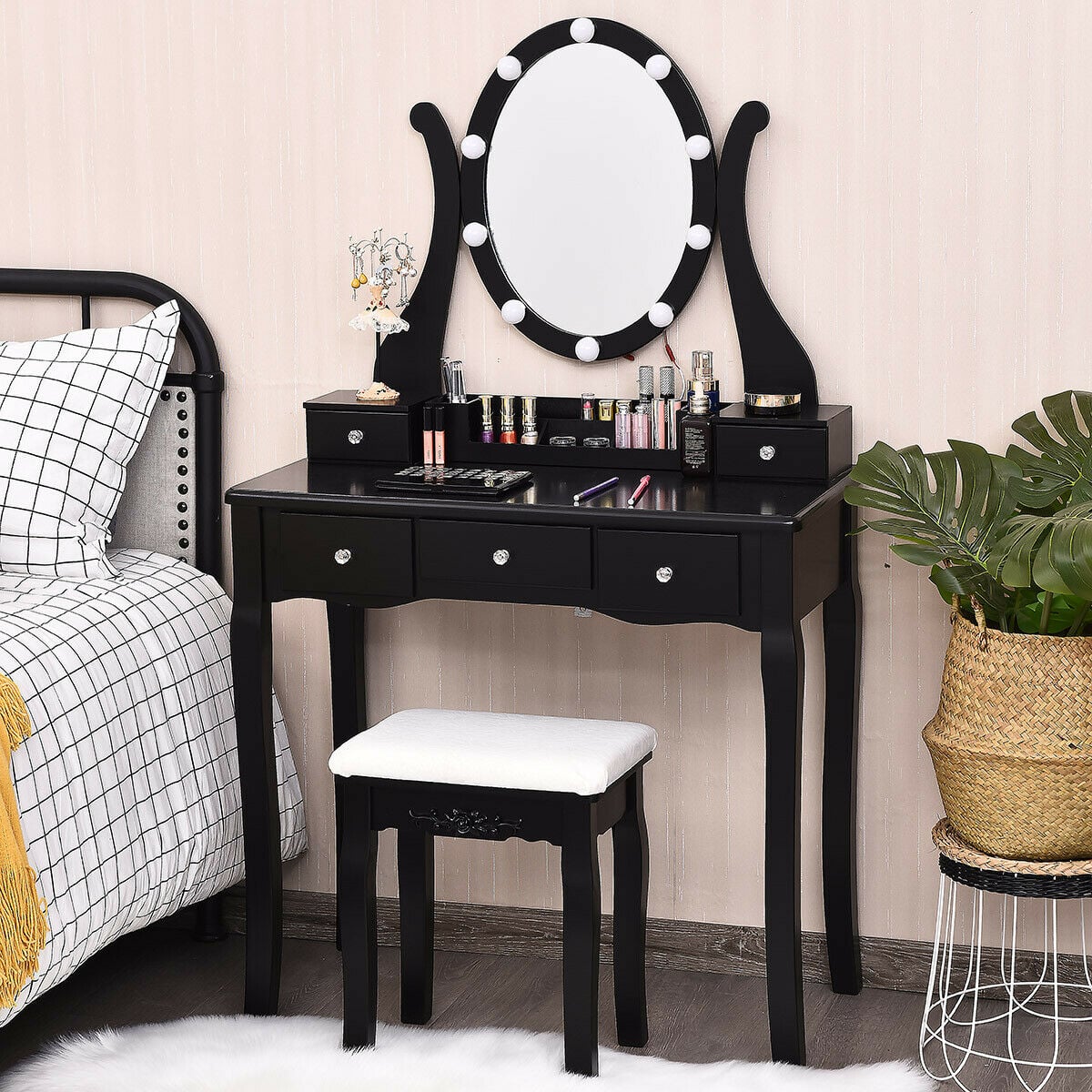 10 Dimmable Lights Vanity Table Set with Lighted Mirror and Cushioned Stool-Black-Makeup Vanities-DECOROLALA