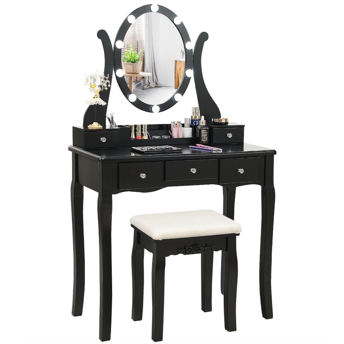 10 Dimmable Lights Vanity Table Set with Lighted Mirror and Cushioned Stool-Black-Makeup Vanities-DECOROLALA