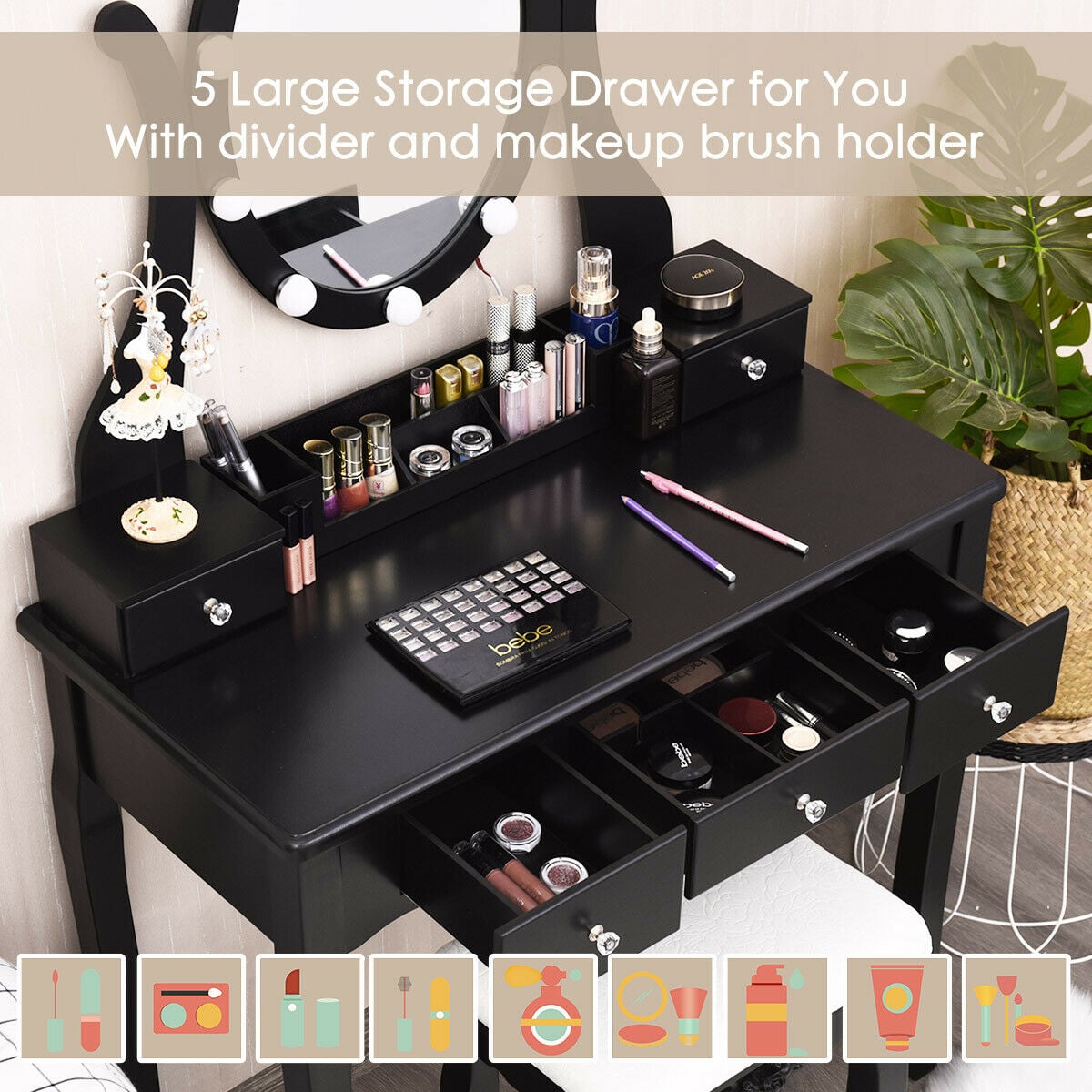 10 Dimmable Lights Vanity Table Set with Lighted Mirror and Cushioned Stool-Black-Makeup Vanities-DECOROLALA