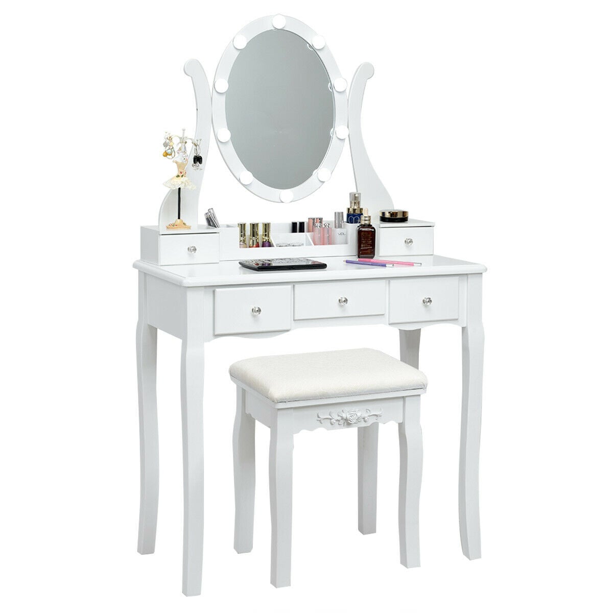 10 Dimmable Lights Vanity Table Set with Lighted Mirror and Cushioned Stool-White-Makeup Vanities-DECOROLALA