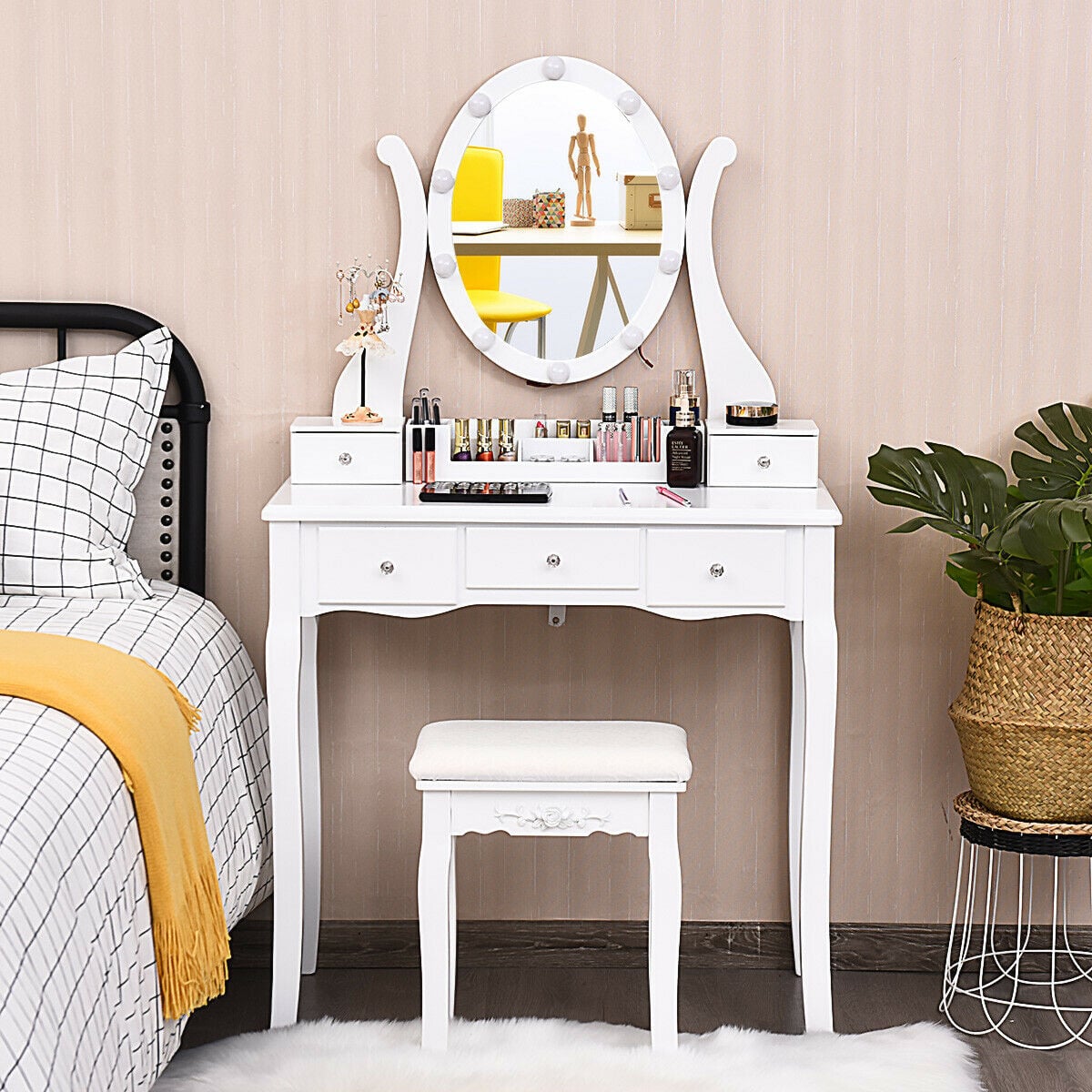 10 Dimmable Lights Vanity Table Set with Lighted Mirror and Cushioned Stool-White-Makeup Vanities-DECOROLALA