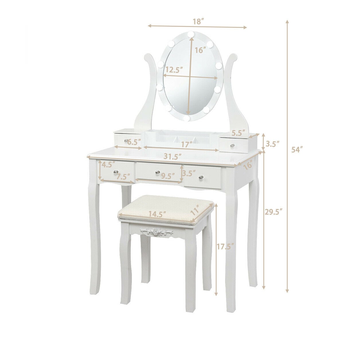 10 Dimmable Lights Vanity Table Set with Lighted Mirror and Cushioned Stool-White-Makeup Vanities-DECOROLALA