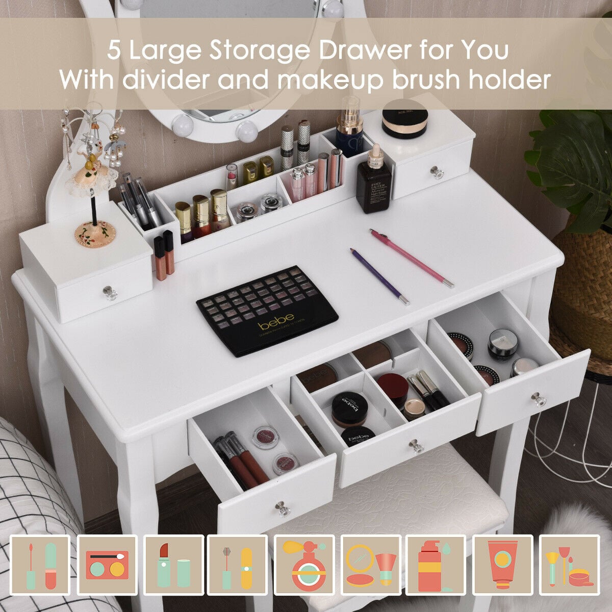 10 Dimmable Lights Vanity Table Set with Lighted Mirror and Cushioned Stool-White-Makeup Vanities-DECOROLALA
