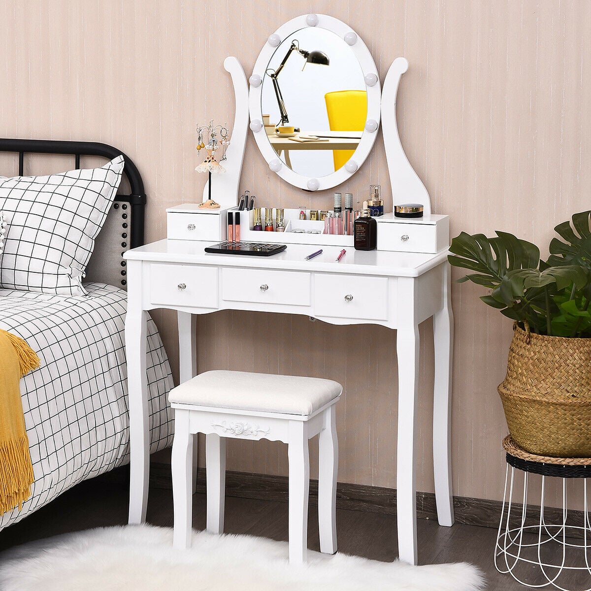 10 Dimmable Lights Vanity Table Set with Lighted Mirror and Cushioned Stool-White-Makeup Vanities-DECOROLALA