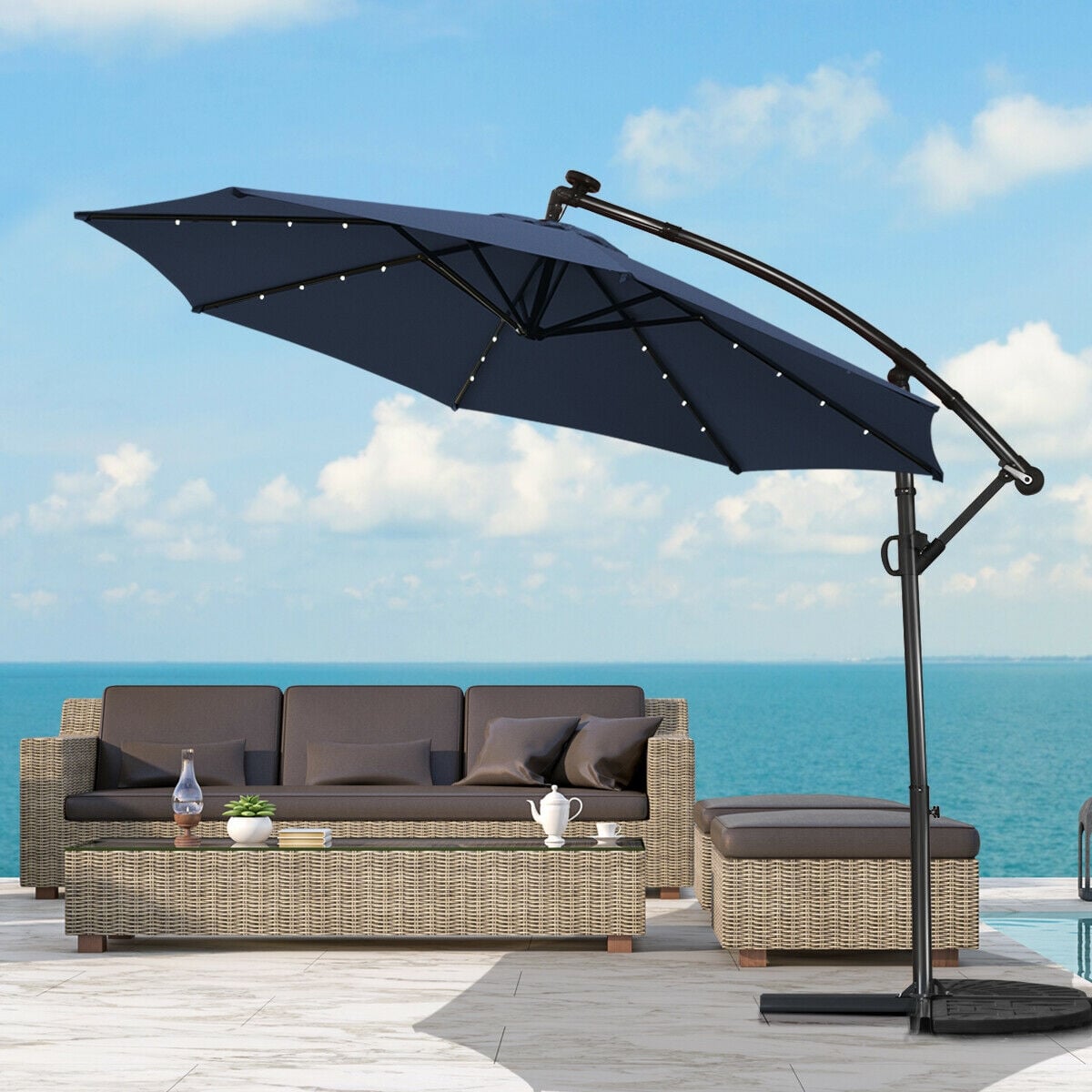 10 FT 360° Rotation Solar Powered LED Patio Offset Umbrella without Weight Base-Navy-Outdoor Umbrellas-DECOROLALA