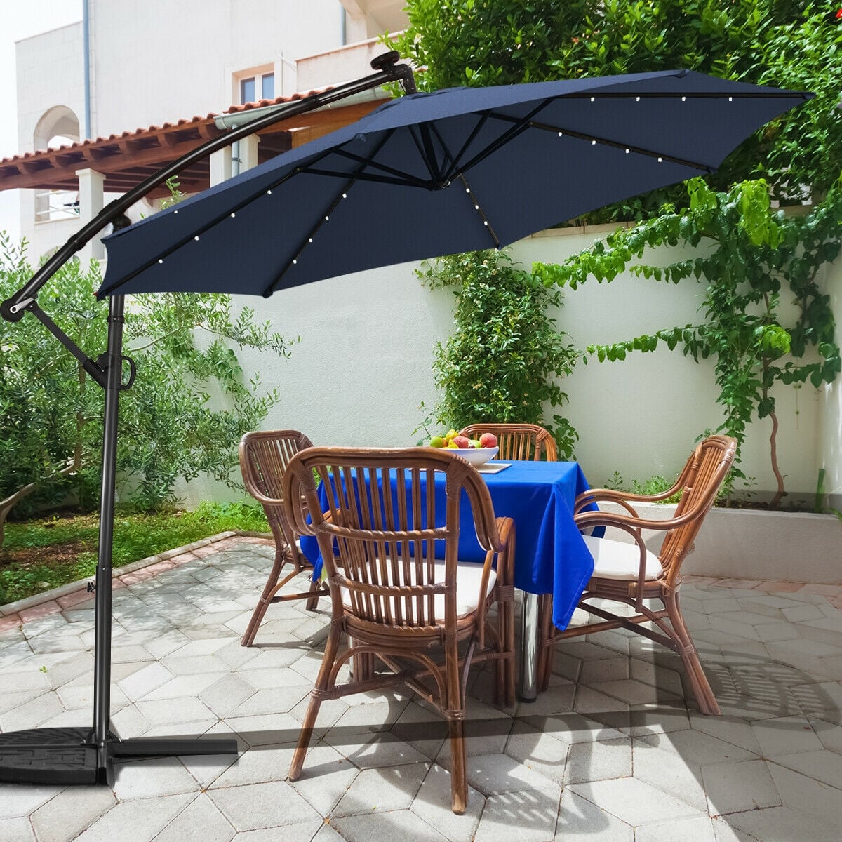 10 FT 360° Rotation Solar Powered LED Patio Offset Umbrella without Weight Base-Navy-Outdoor Umbrellas-DECOROLALA