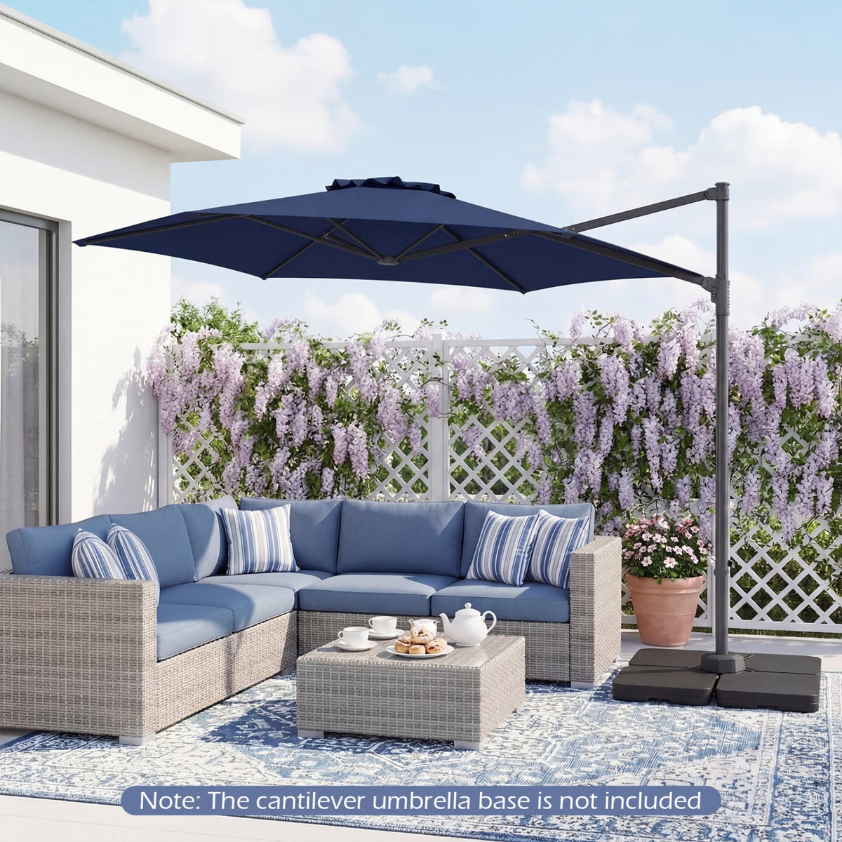 10 FT Patio Cantilever Umbrella with 360° Rotation and Air Vent for Backyard and Poolside-Blue-Outdoor Umbrellas-DECOROLALA