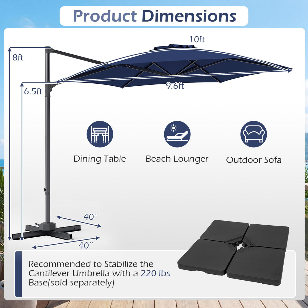 10 FT Patio Cantilever Umbrella with 360° Rotation and Air Vent for Backyard and Poolside-Blue-Outdoor Umbrellas-DECOROLALA
