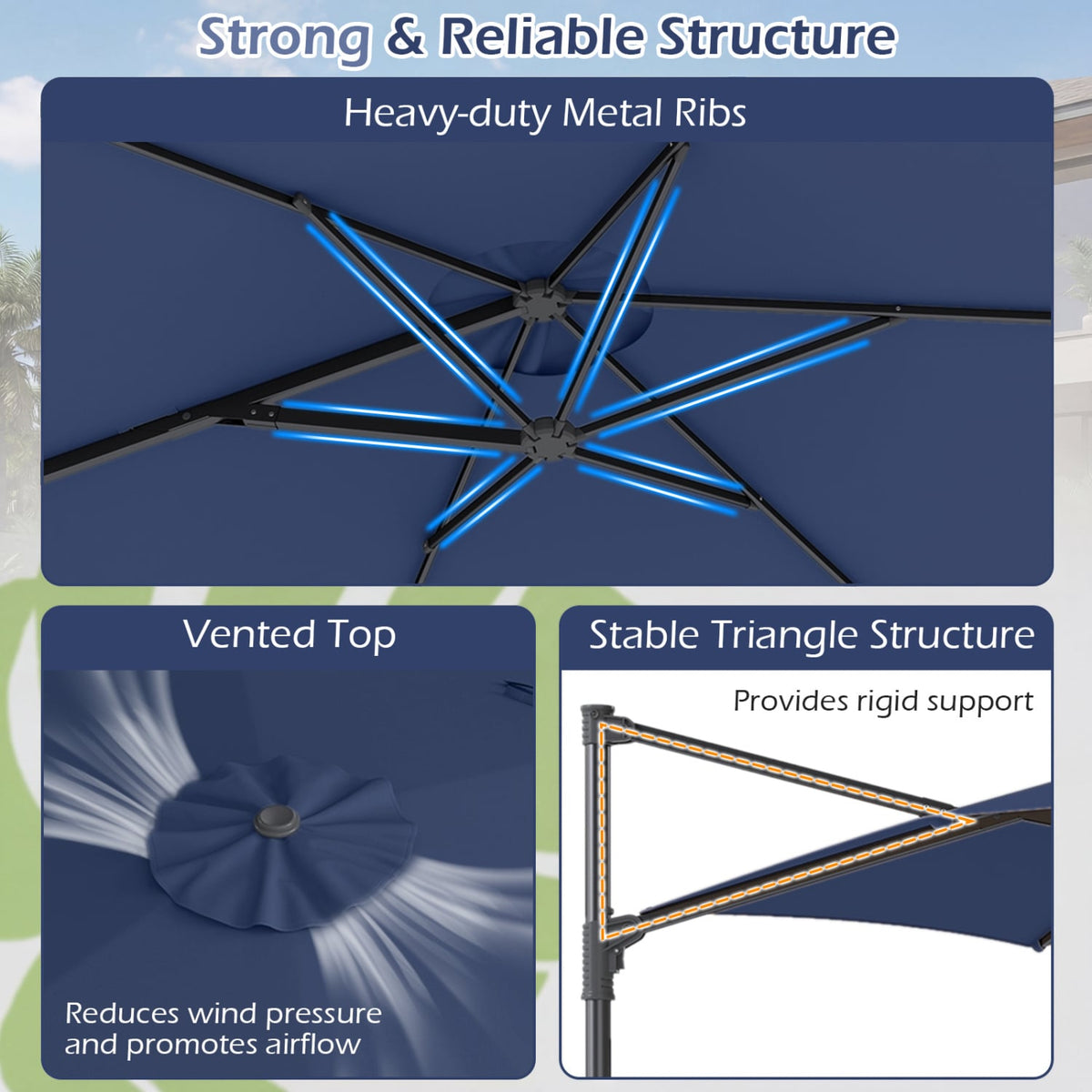 10 FT Patio Cantilever Umbrella with 360° Rotation and Air Vent for Backyard and Poolside-Blue-Outdoor Umbrellas-DECOROLALA