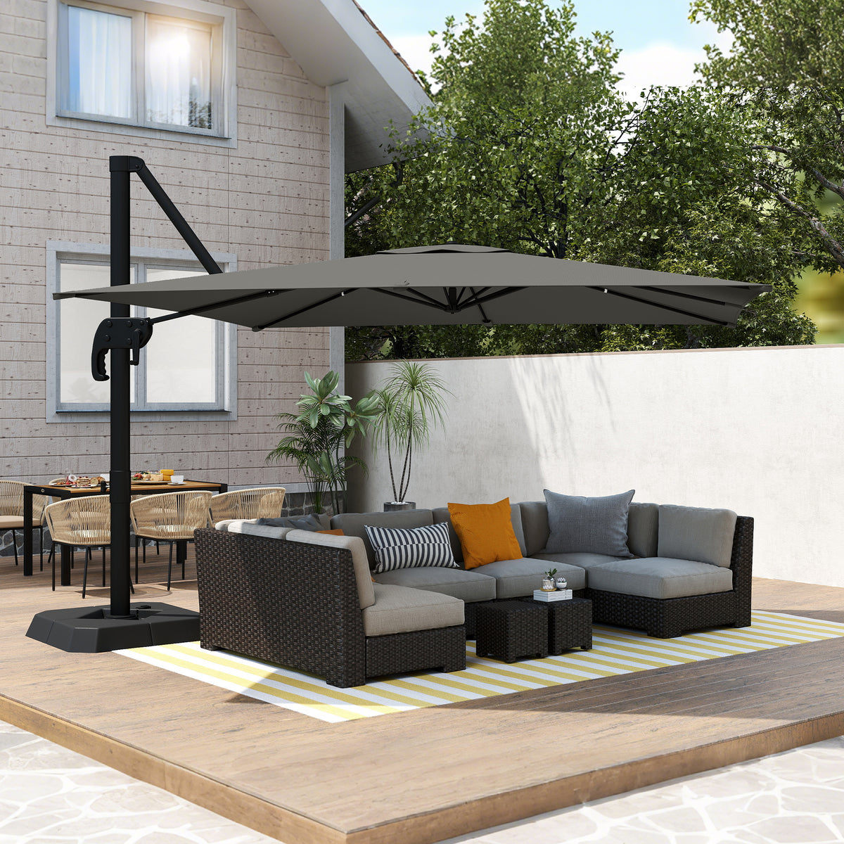 10 FT Patio Umbrella with Base, Outdoor Offset Cantilever Umbrella with Crank Handle and Tilt, 360Á Rotation-Cantilever Umbrellas-DECOROLALA