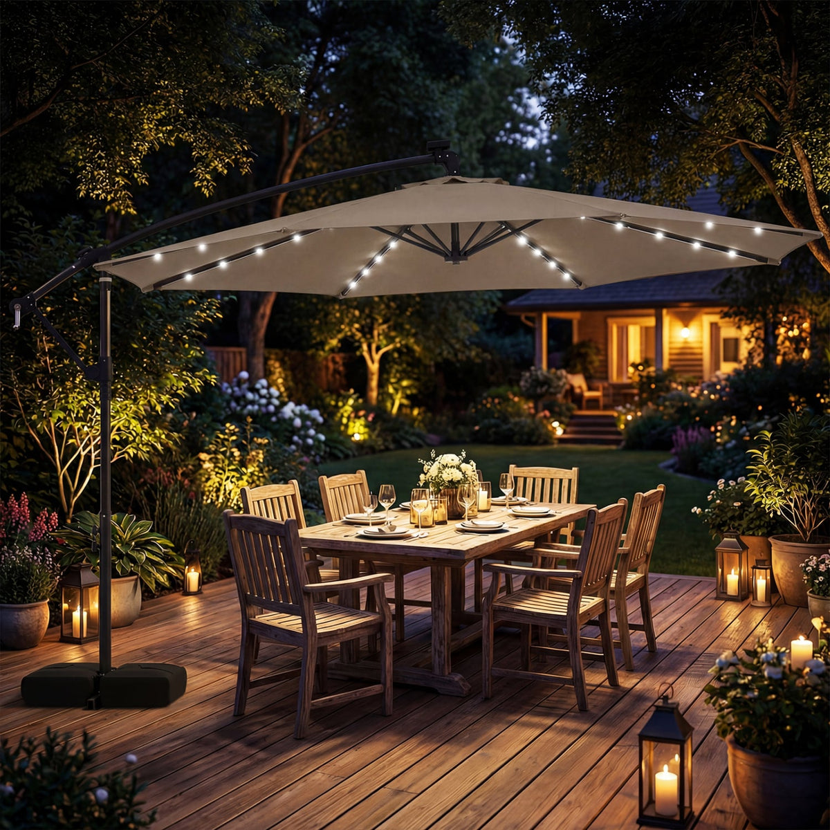 10 FT Solar LED Offset Cantilever Patio Umbrella Hanging Outdoor Market Umbrella-Brown-Outdoor Umbrellas-DECOROLALA