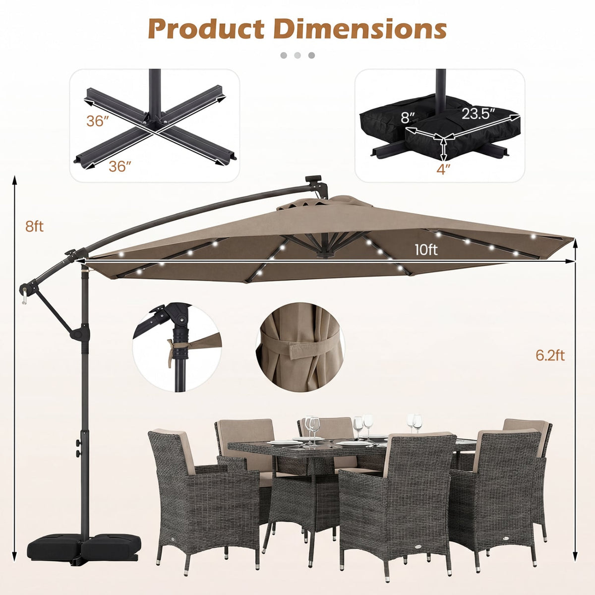 10 FT Solar LED Offset Cantilever Patio Umbrella Hanging Outdoor Market Umbrella-Brown-Outdoor Umbrellas-DECOROLALA