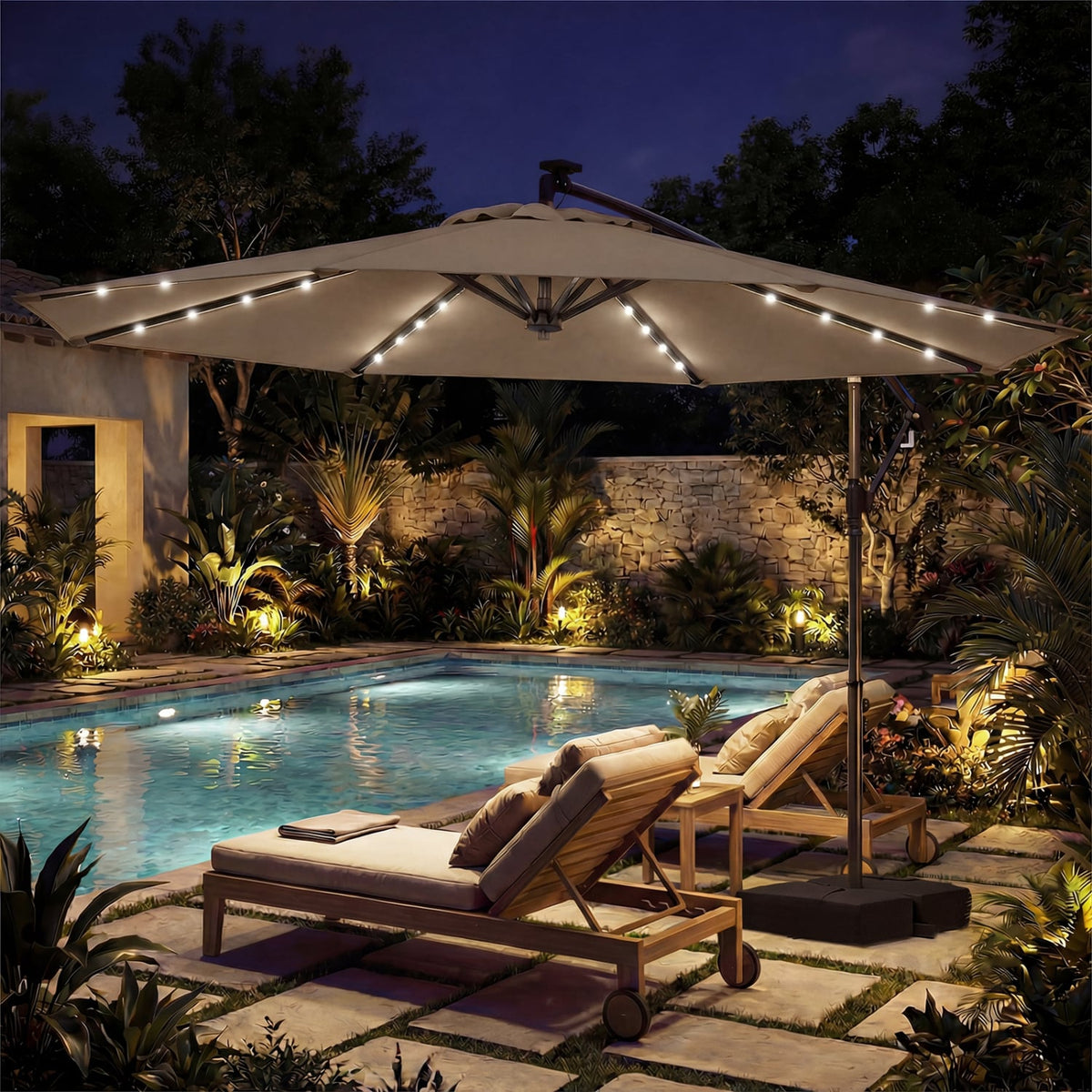 10 FT Solar LED Offset Cantilever Patio Umbrella Hanging Outdoor Market Umbrella-Brown-Outdoor Umbrellas-DECOROLALA