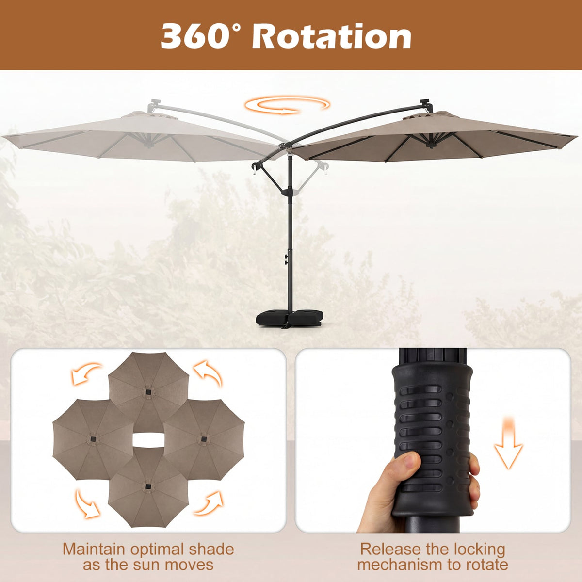 10 FT Solar LED Offset Cantilever Patio Umbrella Hanging Outdoor Market Umbrella-Brown-Outdoor Umbrellas-DECOROLALA