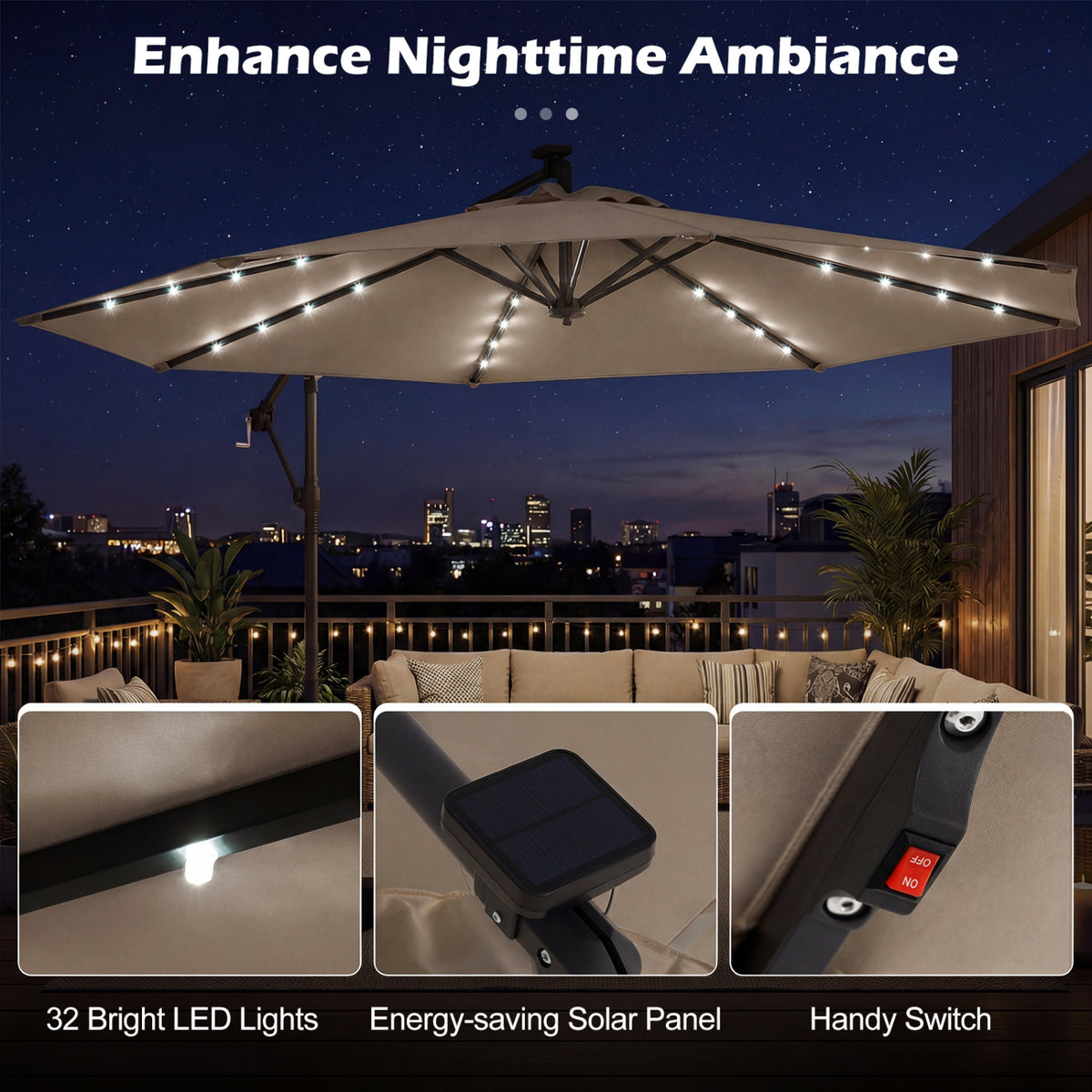 10 FT Solar LED Offset Cantilever Patio Umbrella Hanging Outdoor Market Umbrella-Brown-Outdoor Umbrellas-DECOROLALA