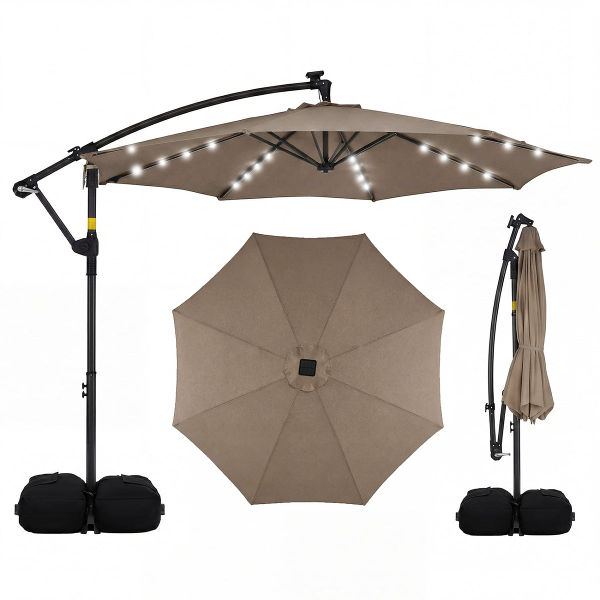10 FT Solar LED Offset Cantilever Patio Umbrella Hanging Outdoor Market Umbrella-Brown-Outdoor Umbrellas-DECOROLALA
