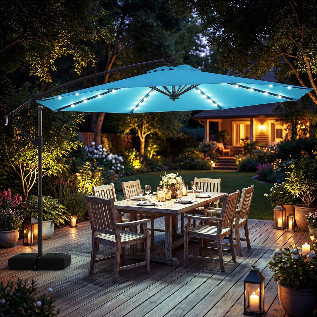 10 FT Solar LED Offset Cantilever Patio Umbrella Hanging Outdoor Market Umbrella-Turquoise-Outdoor Umbrellas-DECOROLALA