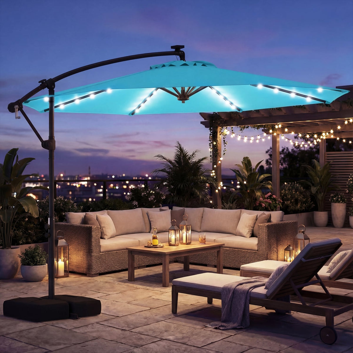 10 FT Solar LED Offset Cantilever Patio Umbrella Hanging Outdoor Market Umbrella-Turquoise-Outdoor Umbrellas-DECOROLALA