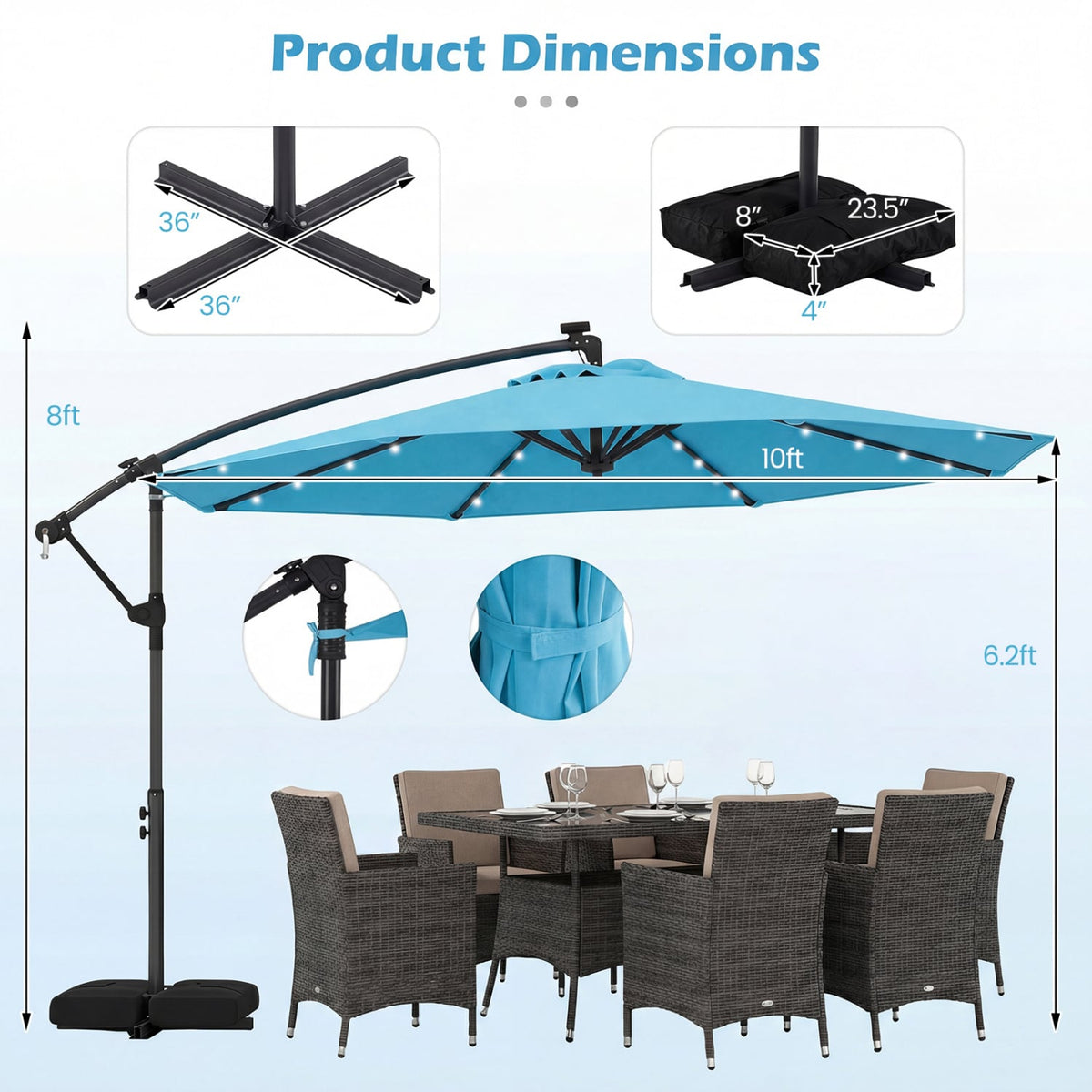 10 FT Solar LED Offset Cantilever Patio Umbrella Hanging Outdoor Market Umbrella-Turquoise-Outdoor Umbrellas-DECOROLALA
