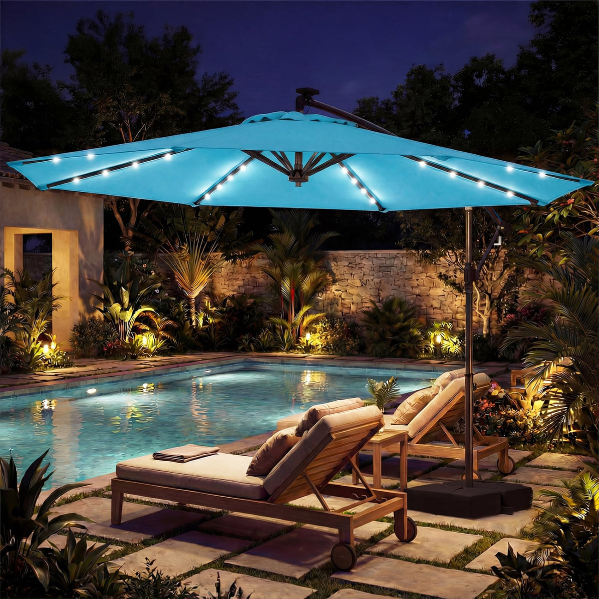 10 FT Solar LED Offset Cantilever Patio Umbrella Hanging Outdoor Market Umbrella-Turquoise-Outdoor Umbrellas-DECOROLALA