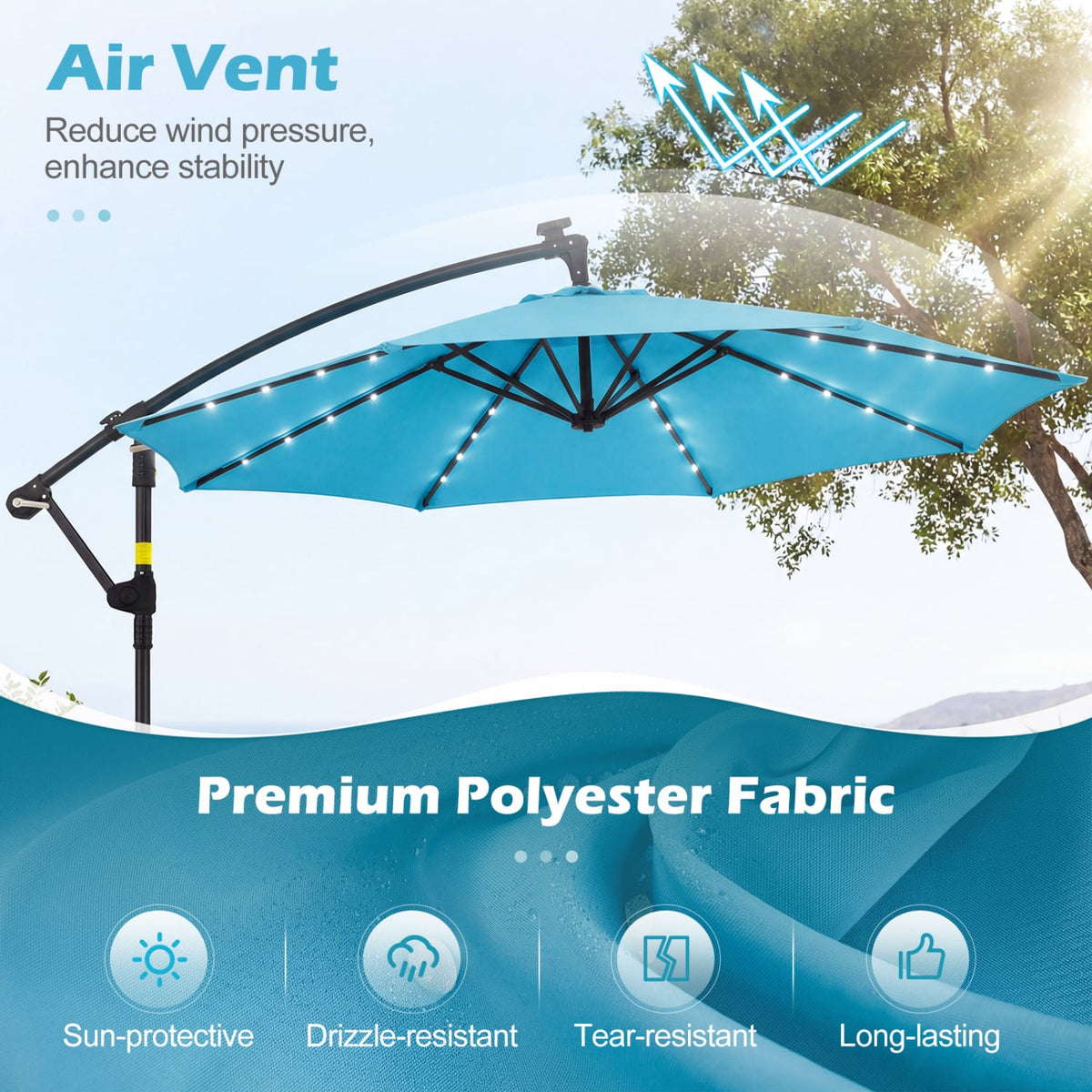 10 FT Solar LED Offset Cantilever Patio Umbrella Hanging Outdoor Market Umbrella-Turquoise-Outdoor Umbrellas-DECOROLALA