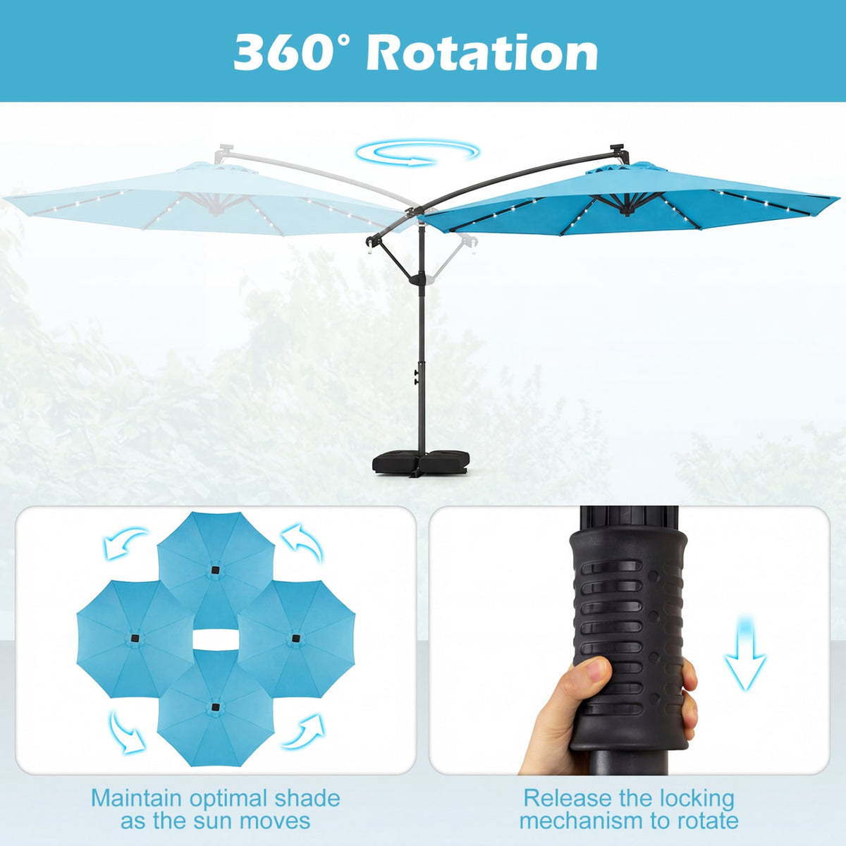 10 FT Solar LED Offset Cantilever Patio Umbrella Hanging Outdoor Market Umbrella-Turquoise-Outdoor Umbrellas-DECOROLALA