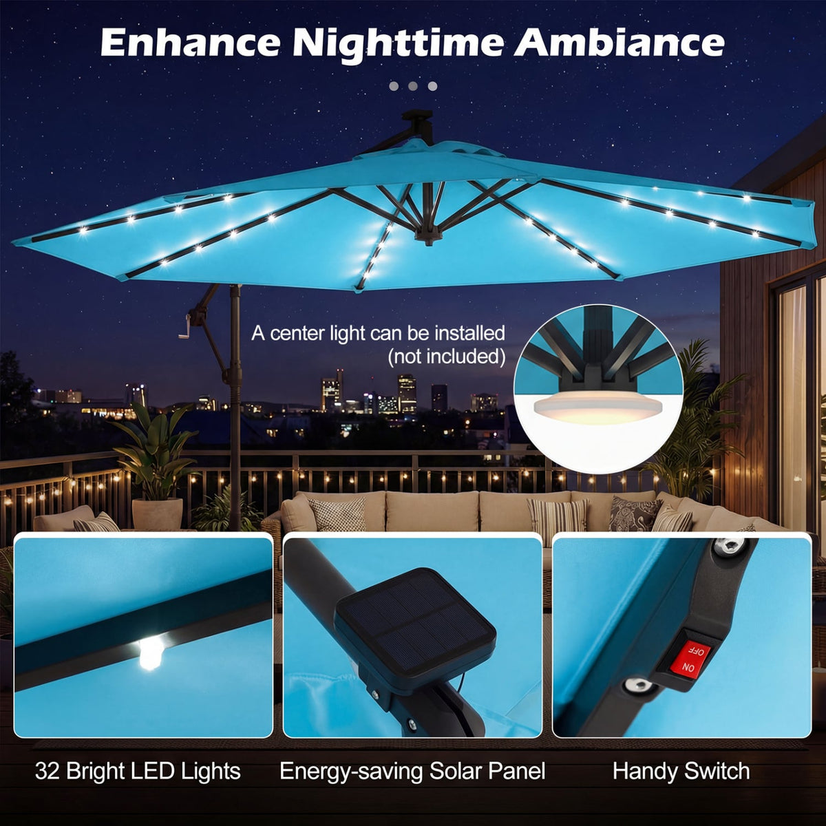 10 FT Solar LED Offset Cantilever Patio Umbrella Hanging Outdoor Market Umbrella-Turquoise-Outdoor Umbrellas-DECOROLALA