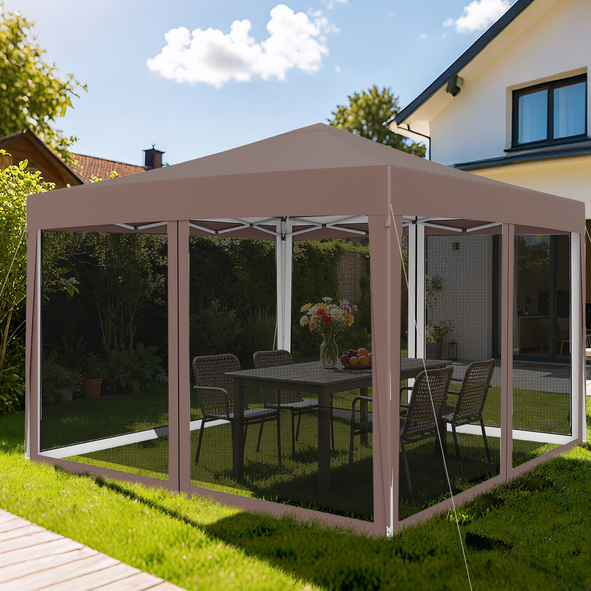 10 FT x 10 FT Pop-Up Canopy Tent Easy Setup Instant Folding Shelter with Mesh Netting-Coffee-Canopies-DECOROLALA