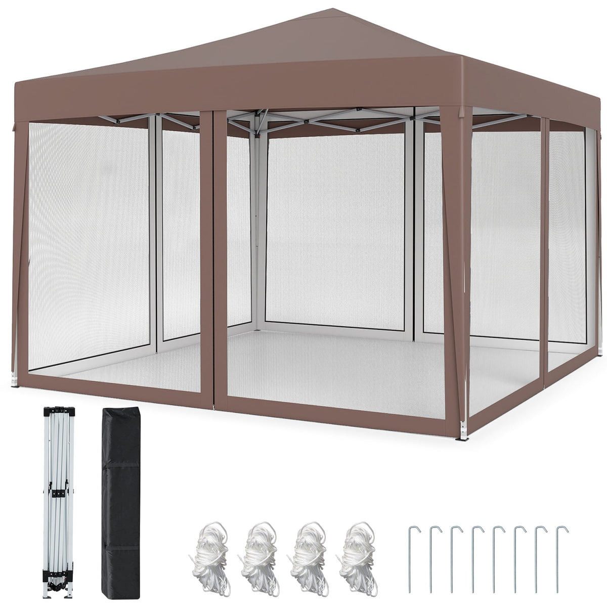 10 FT x 10 FT Pop-Up Canopy Tent Easy Setup Instant Folding Shelter with Mesh Netting-Coffee-Canopies-DECOROLALA