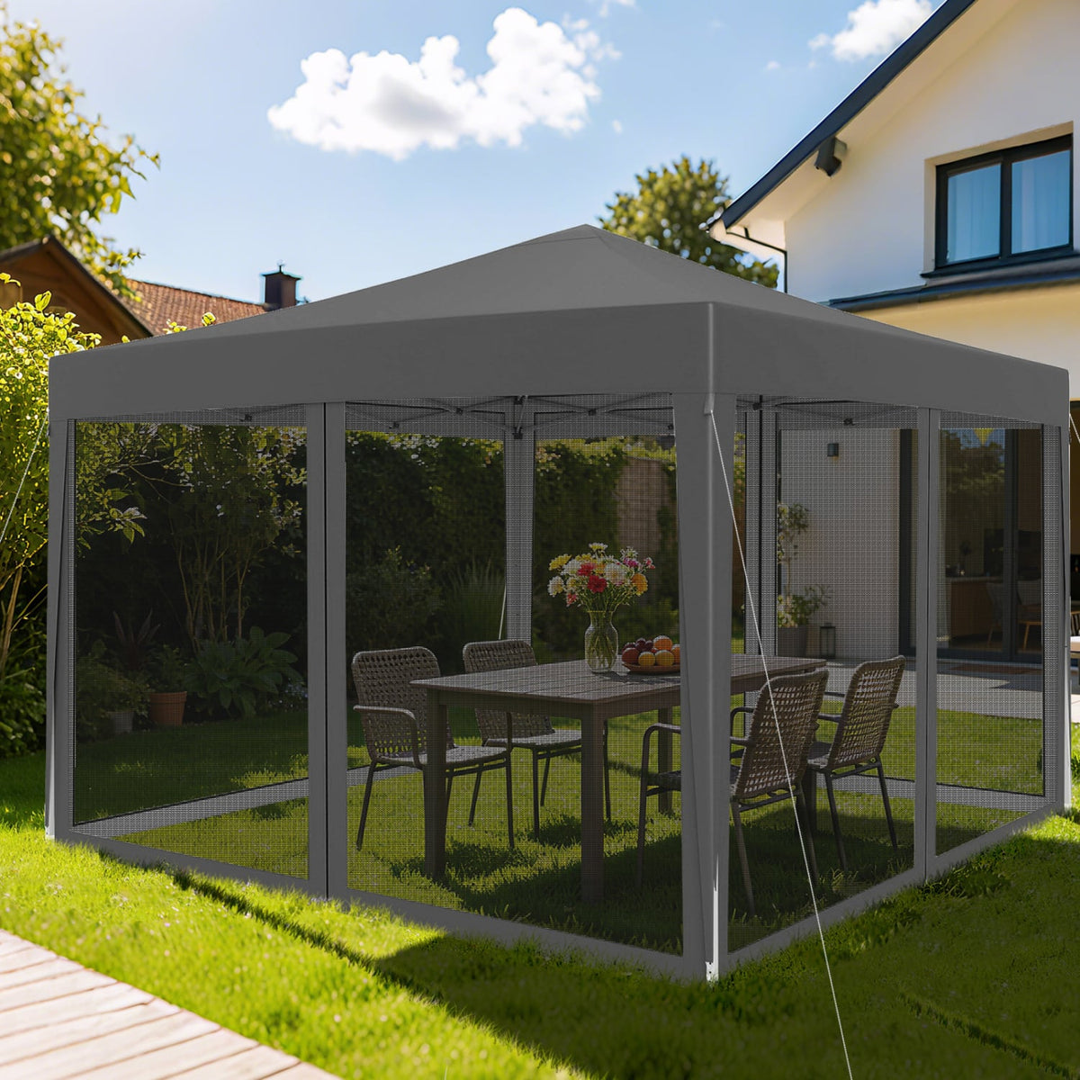 10 FT x 10 FT Pop-Up Canopy Tent Easy Setup Instant Folding Shelter with Mesh Netting-Gray-Canopies-DECOROLALA