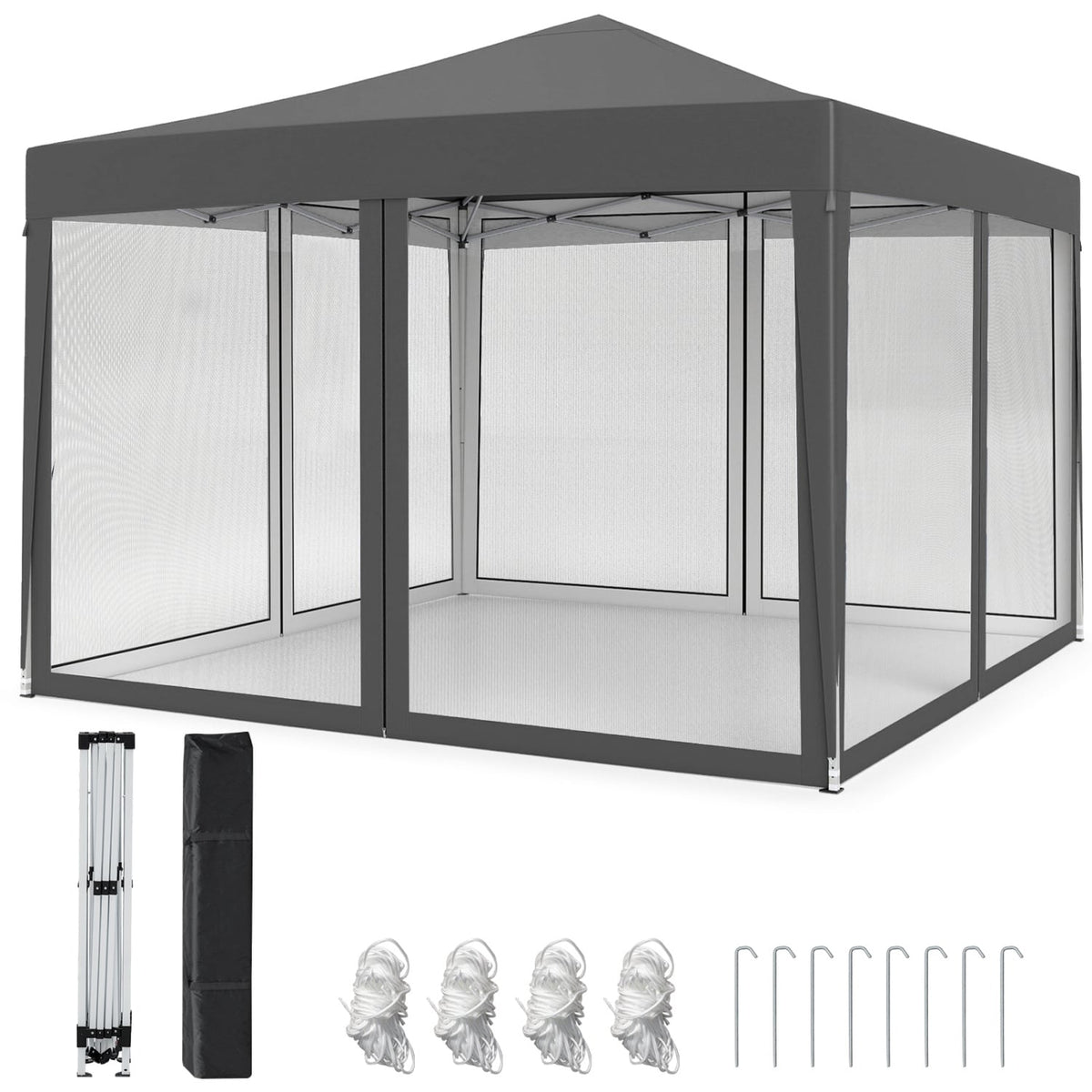 10 FT x 10 FT Pop-Up Canopy Tent Easy Setup Instant Folding Shelter with Mesh Netting-Gray-Canopies-DECOROLALA