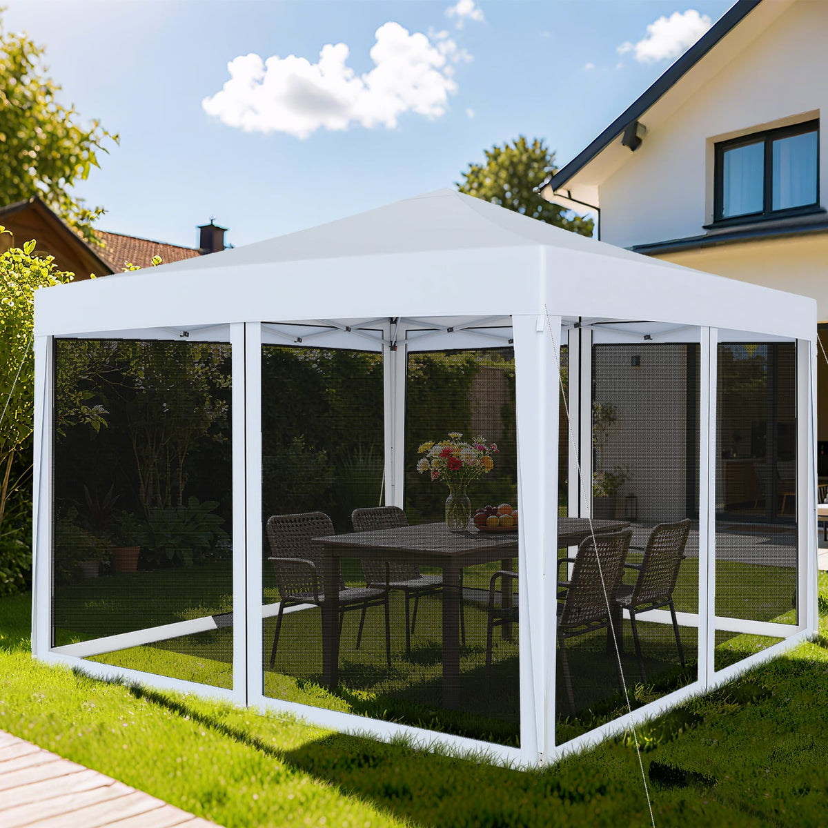 10 FT x 10 FT Pop-Up Canopy Tent Easy Setup Instant Folding Shelter with Mesh Netting-White-Canopies-DECOROLALA