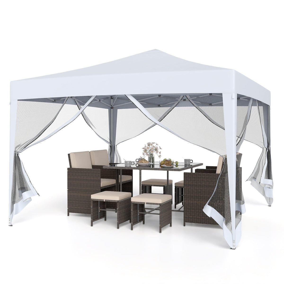 10 FT x 10 FT Pop-Up Canopy Tent Easy Setup Instant Folding Shelter with Mesh Netting-White-Canopies-DECOROLALA