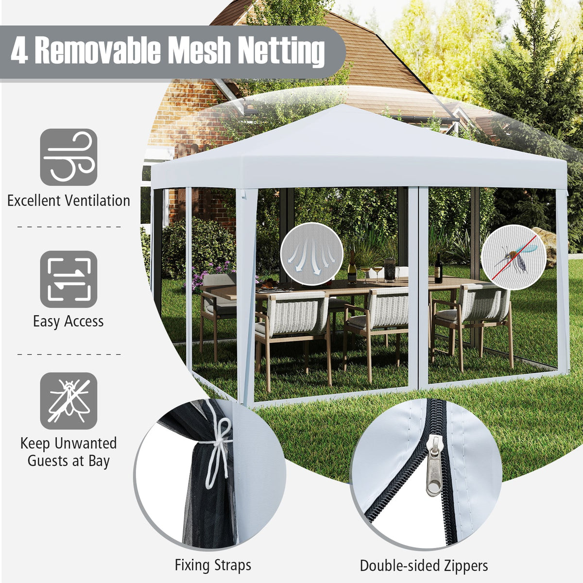 10 FT x 10 FT Pop-Up Canopy Tent Easy Setup Instant Folding Shelter with Mesh Netting-White-Canopies-DECOROLALA