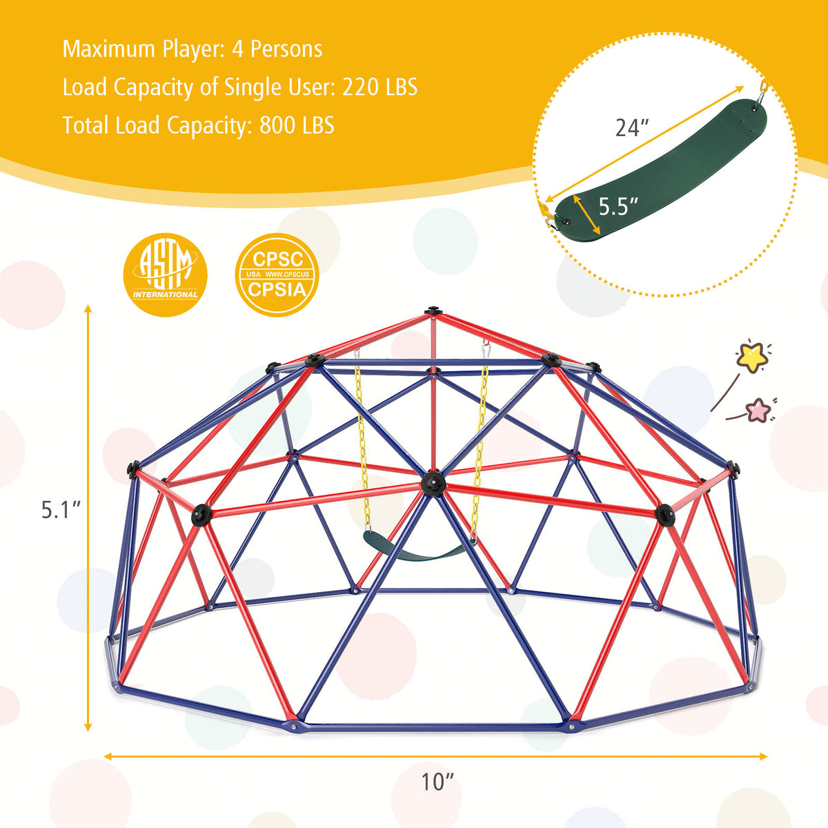 10 Feet Dome Climber with Swing and 800 Lbs Load Capacity