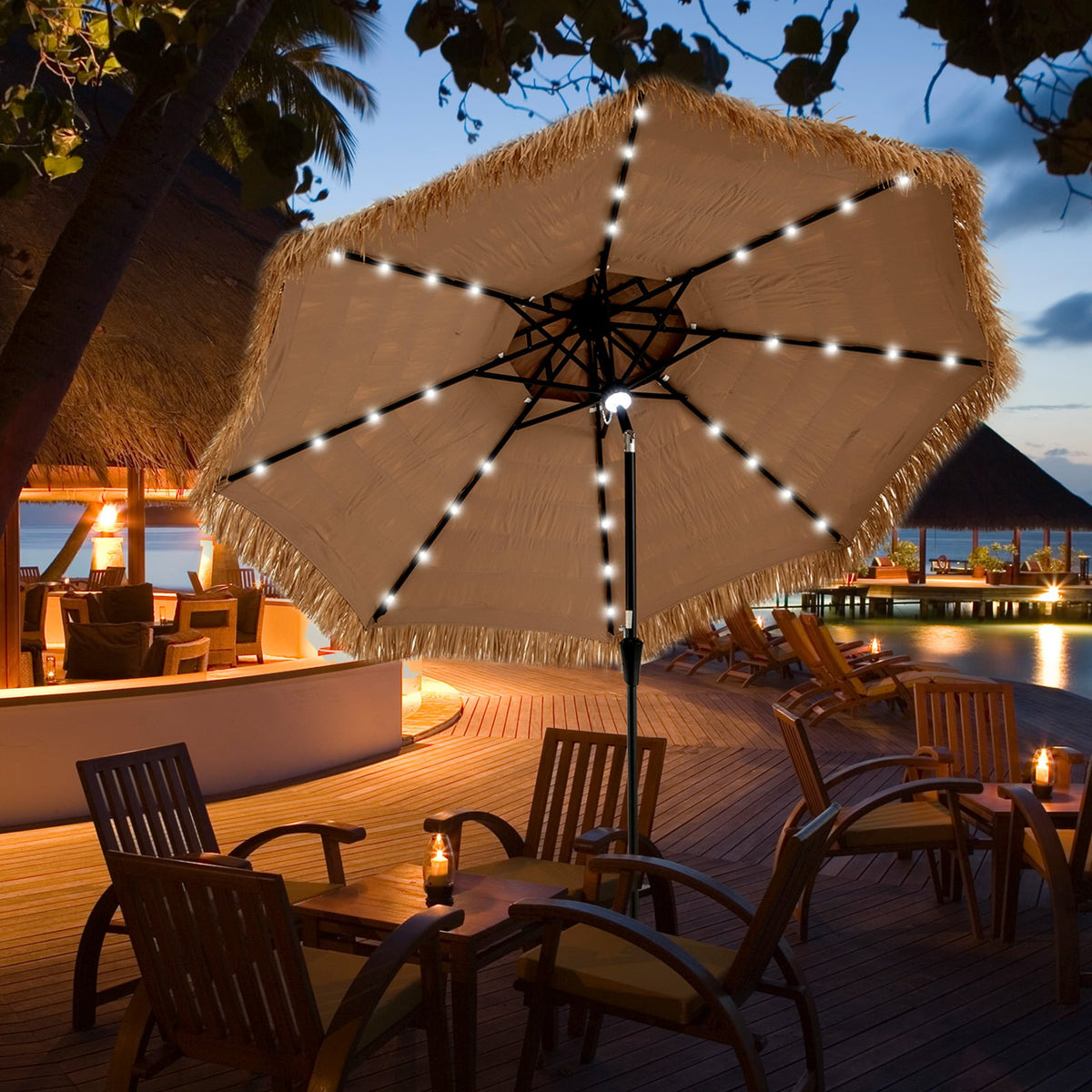 10 Feet Hawaiian Style Solar Lighted Thatched Tiki Patio Umbrella-Outdoor Umbrellas-DECOROLALA
