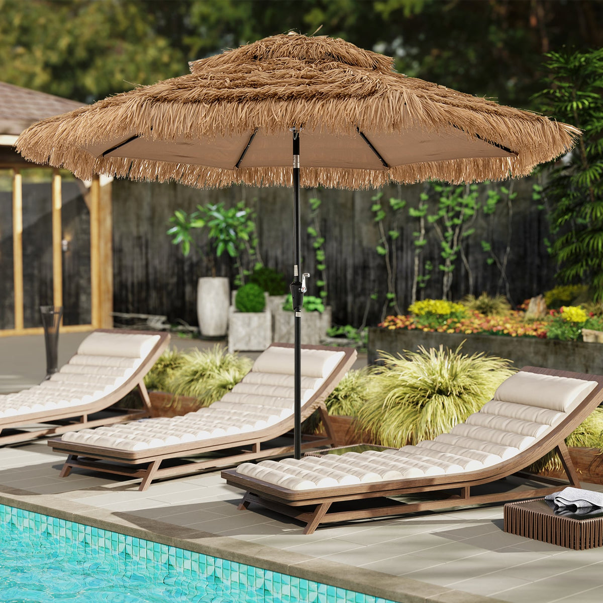 10 Feet Hawaiian Style Solar Lighted Thatched Tiki Patio Umbrella-Outdoor Umbrellas-DECOROLALA
