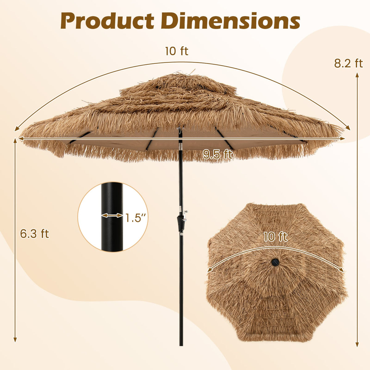 10 Feet Hawaiian Style Solar Lighted Thatched Tiki Patio Umbrella-Outdoor Umbrellas-DECOROLALA
