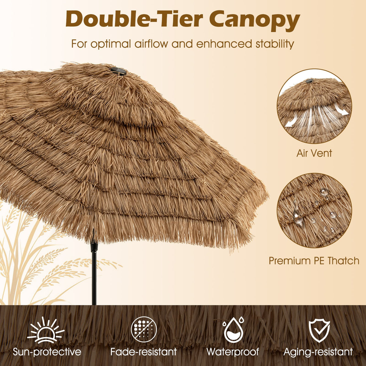 10 Feet Hawaiian Style Solar Lighted Thatched Tiki Patio Umbrella-Outdoor Umbrellas-DECOROLALA
