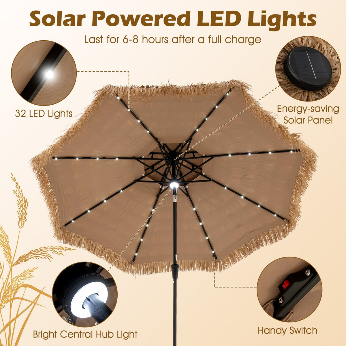 10 Feet Hawaiian Style Solar Lighted Thatched Tiki Patio Umbrella-Outdoor Umbrellas-DECOROLALA