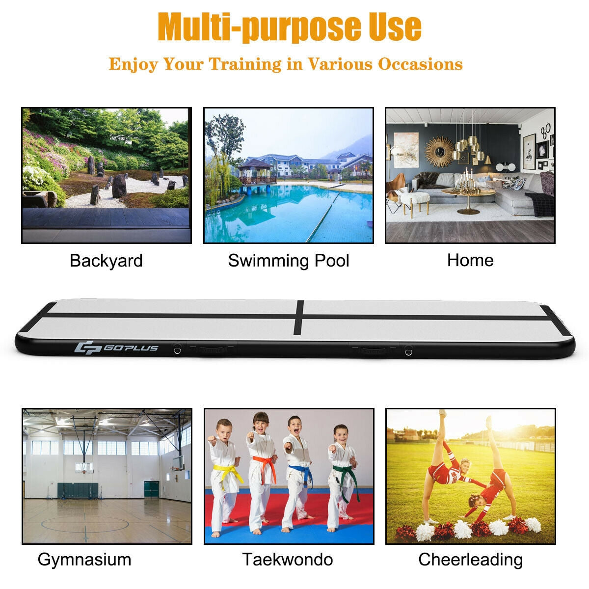 10 Feet Inflatable Gymnastics Tumbling Mat with Pump-Black-Yoga & Gym Mats-DECOROLALA