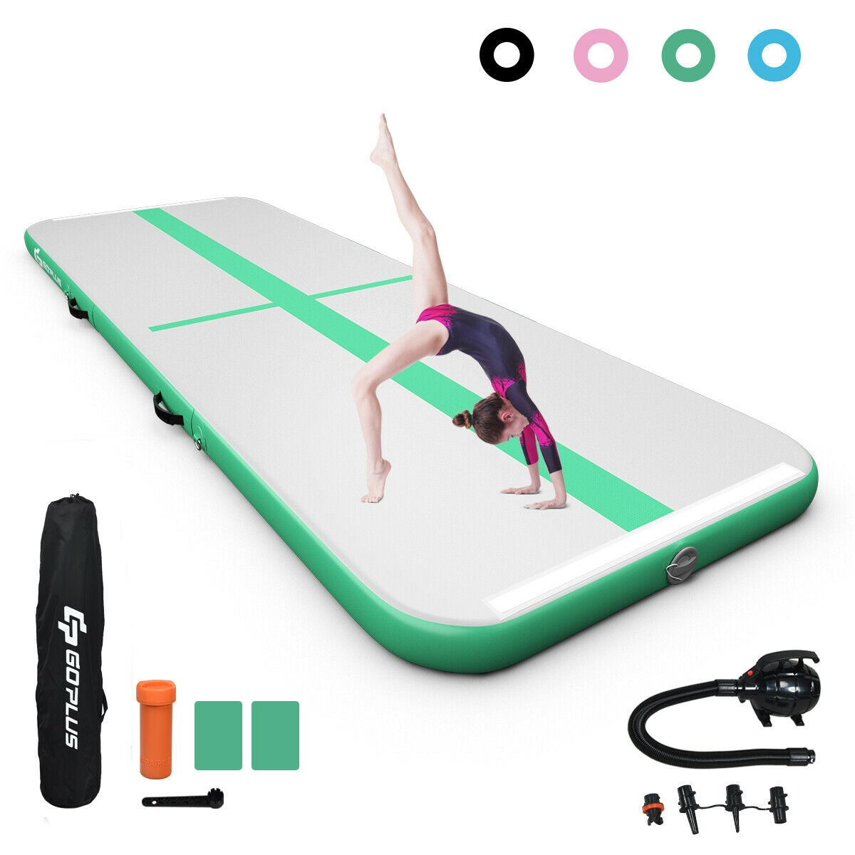 10 Feet Inflatable Gymnastics Tumbling Mat with Pump-Green-Yoga & Gym Mats-DECOROLALA