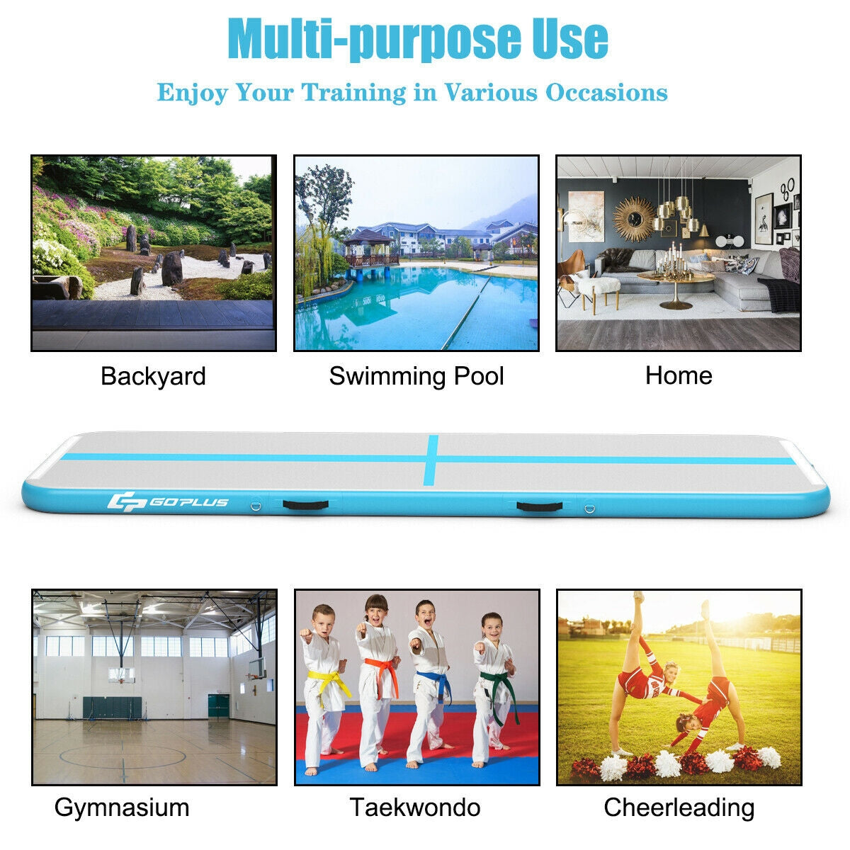 10 Feet Inflatable Gymnastics Tumbling Mat with Pump-Navy-Yoga & Gym Mats-DECOROLALA