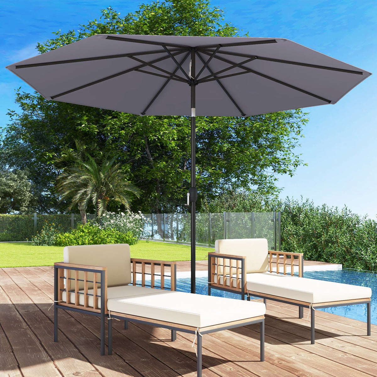 10 Feet Outdoor Patio Umbrella with Tilt Adjustment and Crank-Gray-Outdoor Umbrellas-DECOROLALA